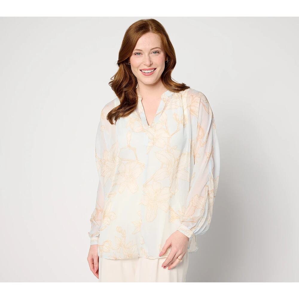 BEAUTIFUL by Lawrence Zarian Printed Y-Neck Dolman Sleeve Top Ice Blue Size 2X